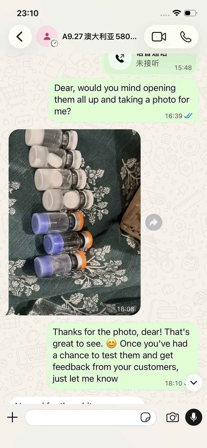 Received vials — customer-shared WhatsApp screenshot