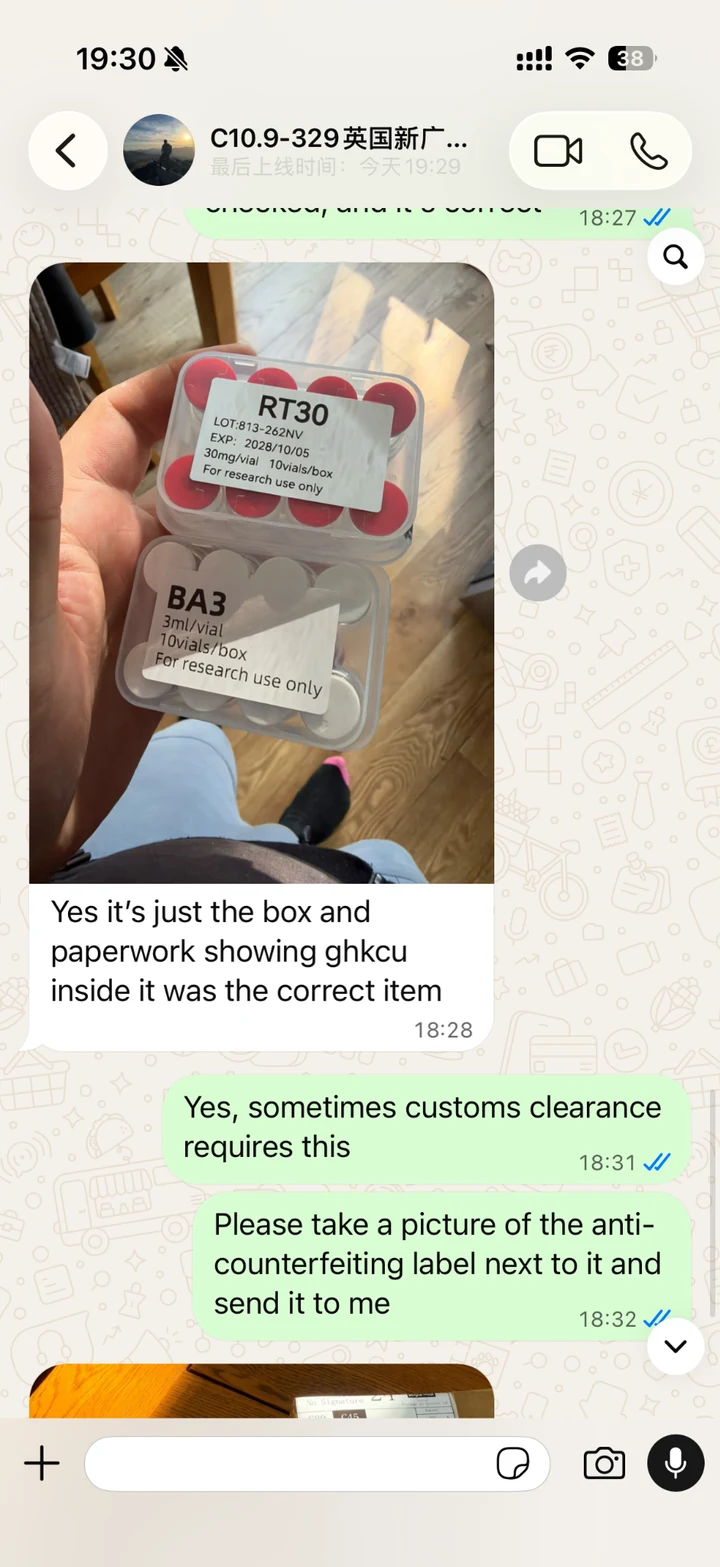 Parcel contents · conversation 1/2 — customer-shared WhatsApp screenshot